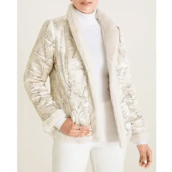 CHICOS Satin Floral Reversible Faux Fur Jacket Vintage Ivory Sz 2/Large NWT $169 - Picture 4 of 8